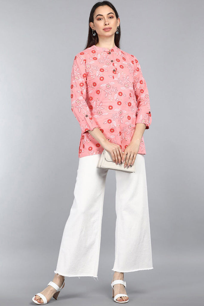  Pink Floral Print Mandarin Collar Longline Top