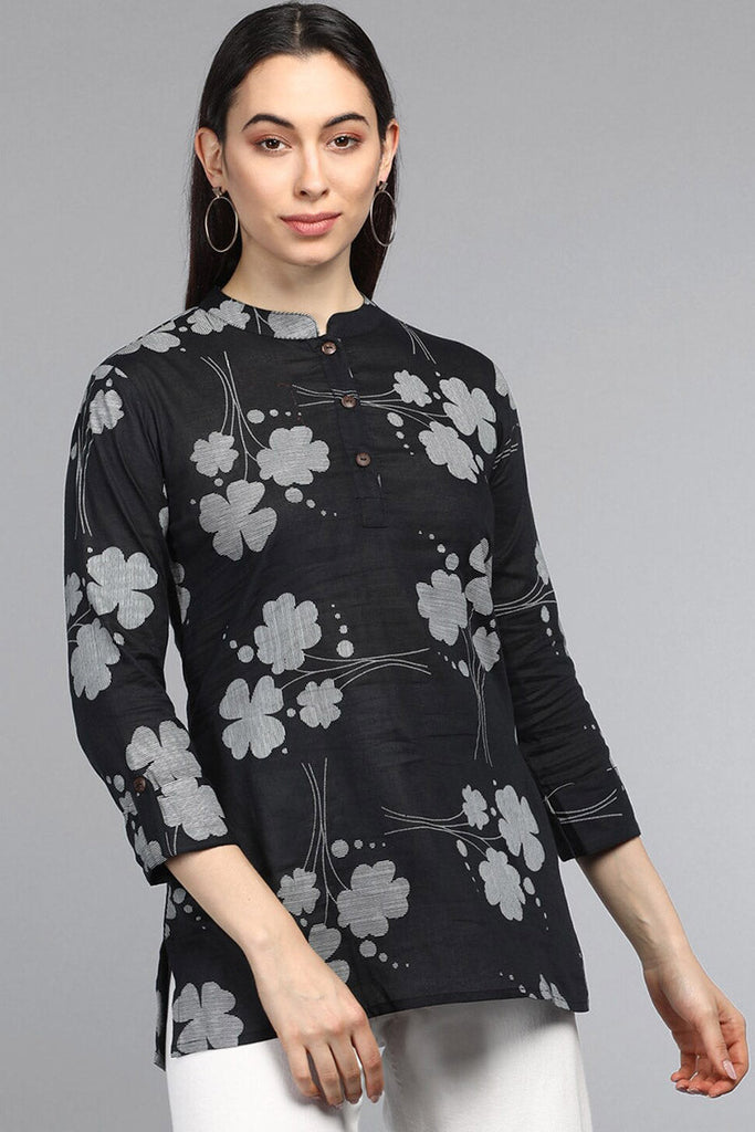  Black Floral Print Mandarin Collar Top