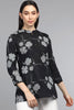  Black Floral Print Mandarin Collar Top