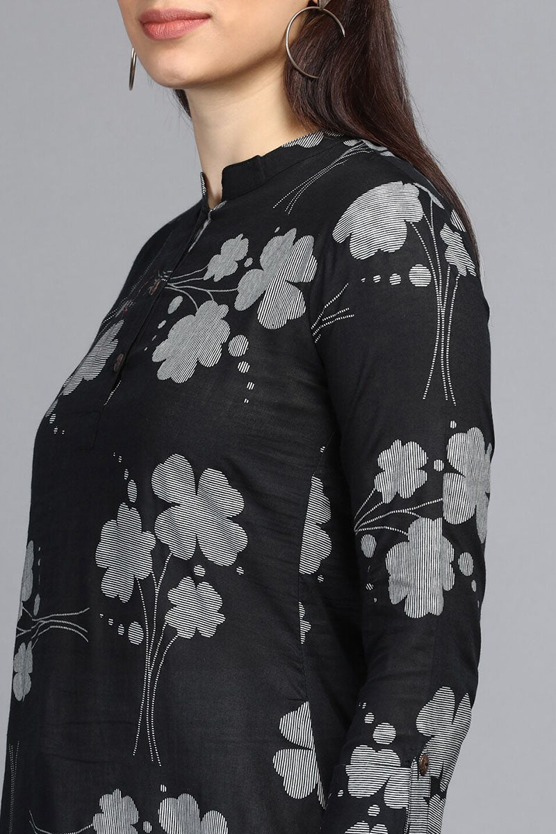  Black Floral Print Mandarin Collar Top