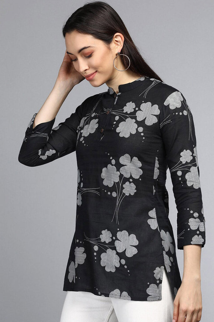  Black Floral Print Mandarin Collar Top