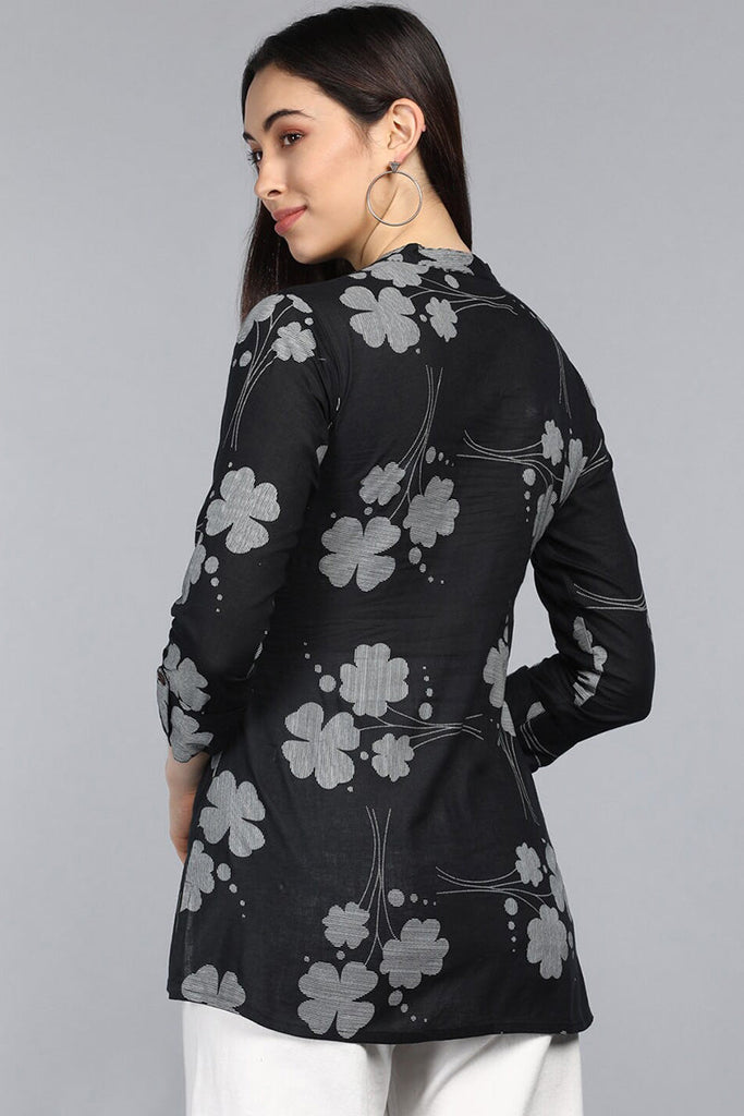  Black Floral Print Mandarin Collar Top