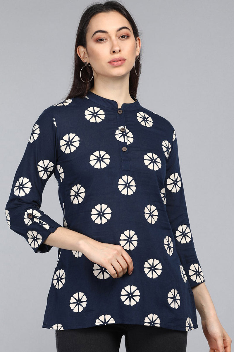  Navy Blue Floral Print Mandarin Collar Longline Top