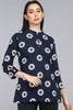  Navy Blue Floral Print Mandarin Collar Longline Top