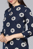  Navy Blue Floral Print Mandarin Collar Longline Top