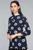  Navy Blue Floral Print Mandarin Collar Longline Top