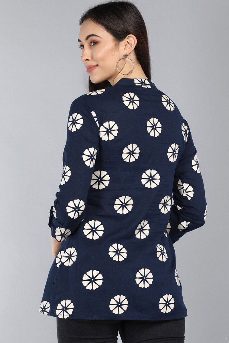  Navy Blue Floral Print Mandarin Collar Longline Top