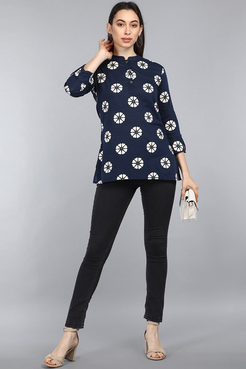  Navy Blue Floral Print Mandarin Collar Longline Top