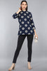  Navy Blue Floral Print Mandarin Collar Longline Top