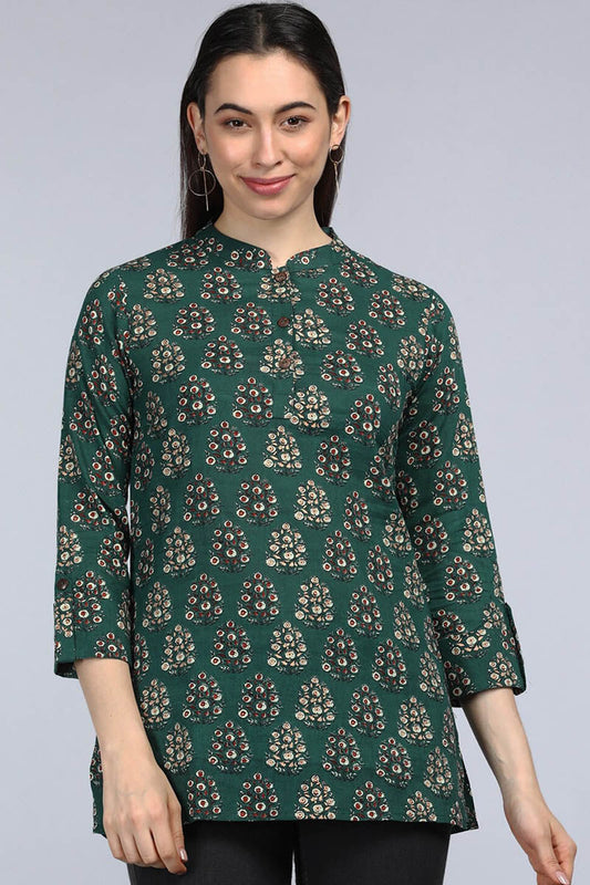  Green Floral Print Mandarin Collar Shirt Style Top