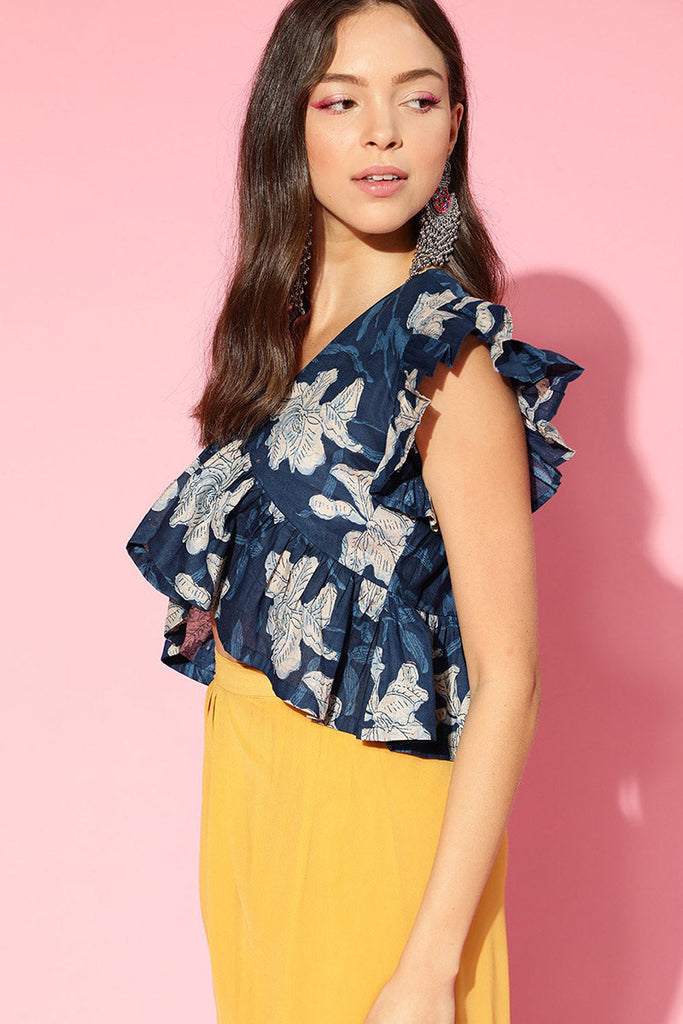  Blue Beige Floral Peplum Crop Top