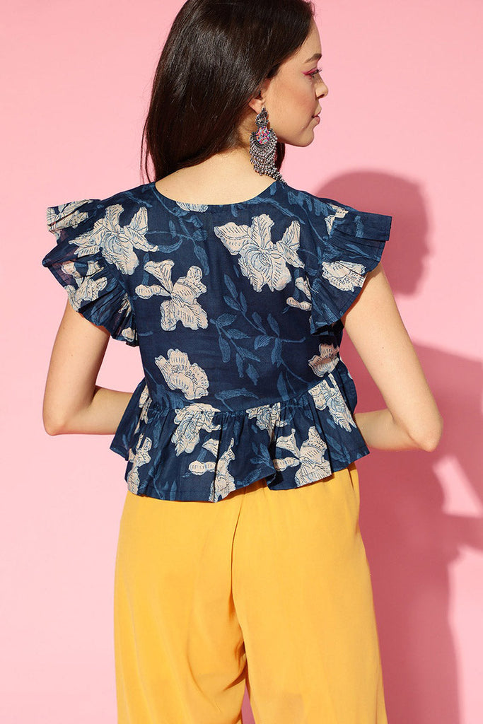  Blue Beige Floral Peplum Crop Top