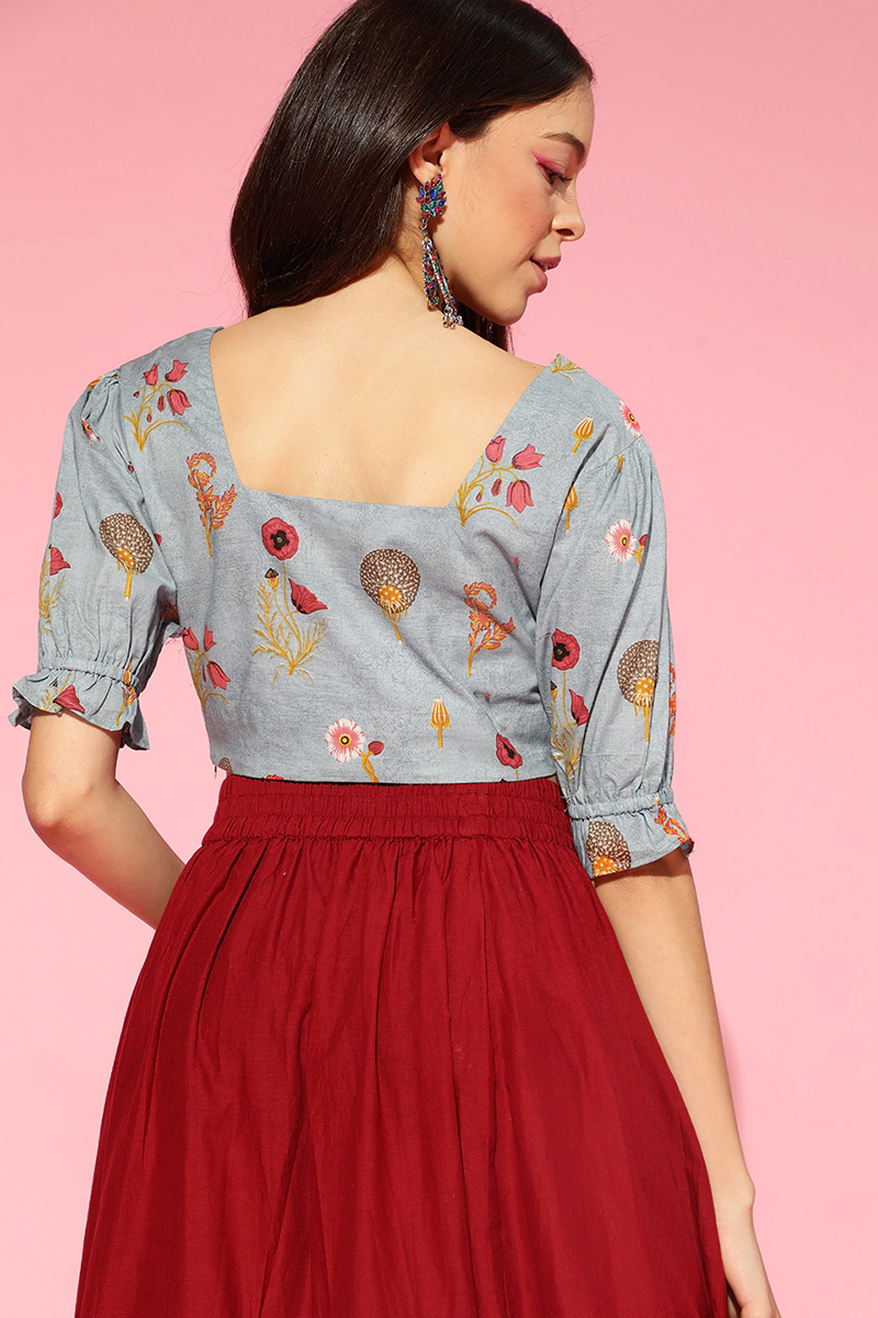  Blue Red Floral Pure Cotton Blouson Crop Top