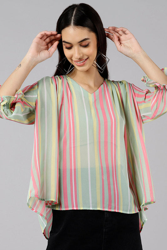  Women Sea Green Striped Vertical Stripes Tops