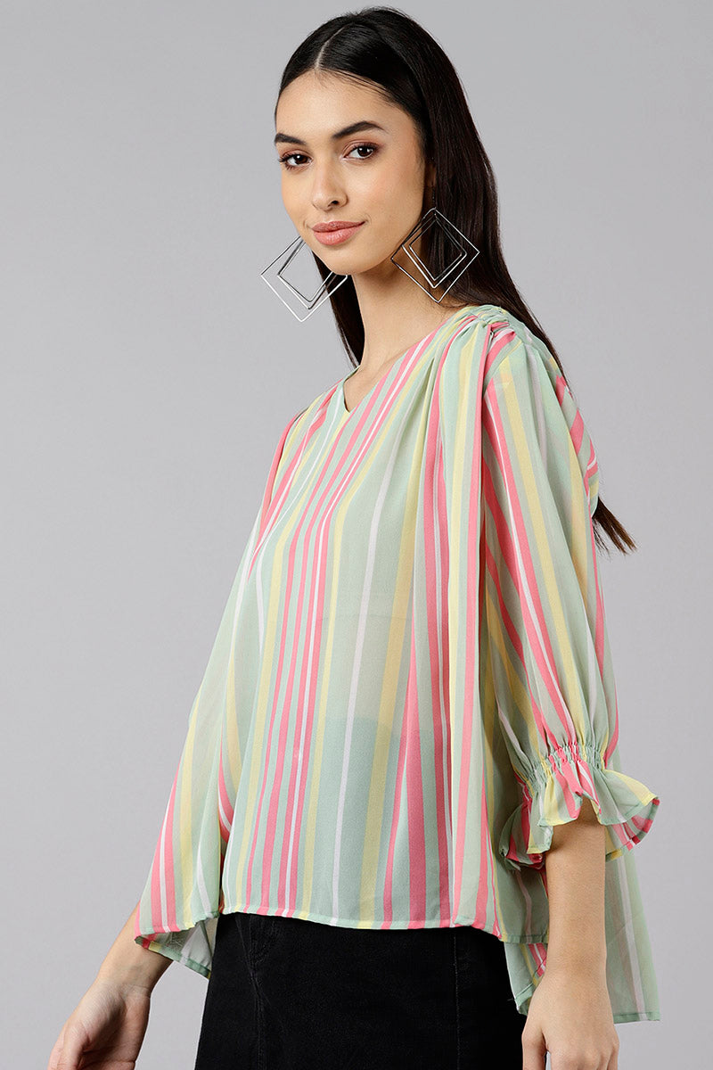  Women Sea Green Striped Vertical Stripes Tops