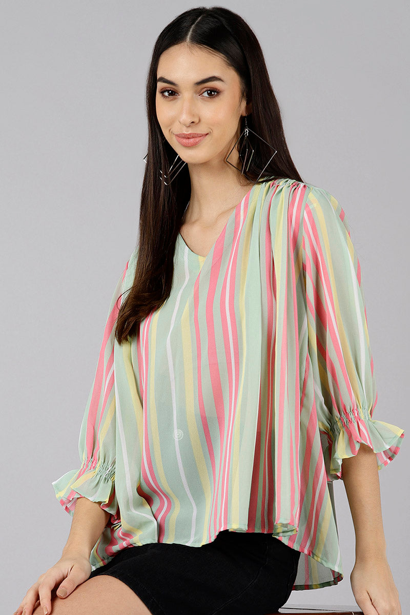  Women Sea Green Striped Vertical Stripes Tops