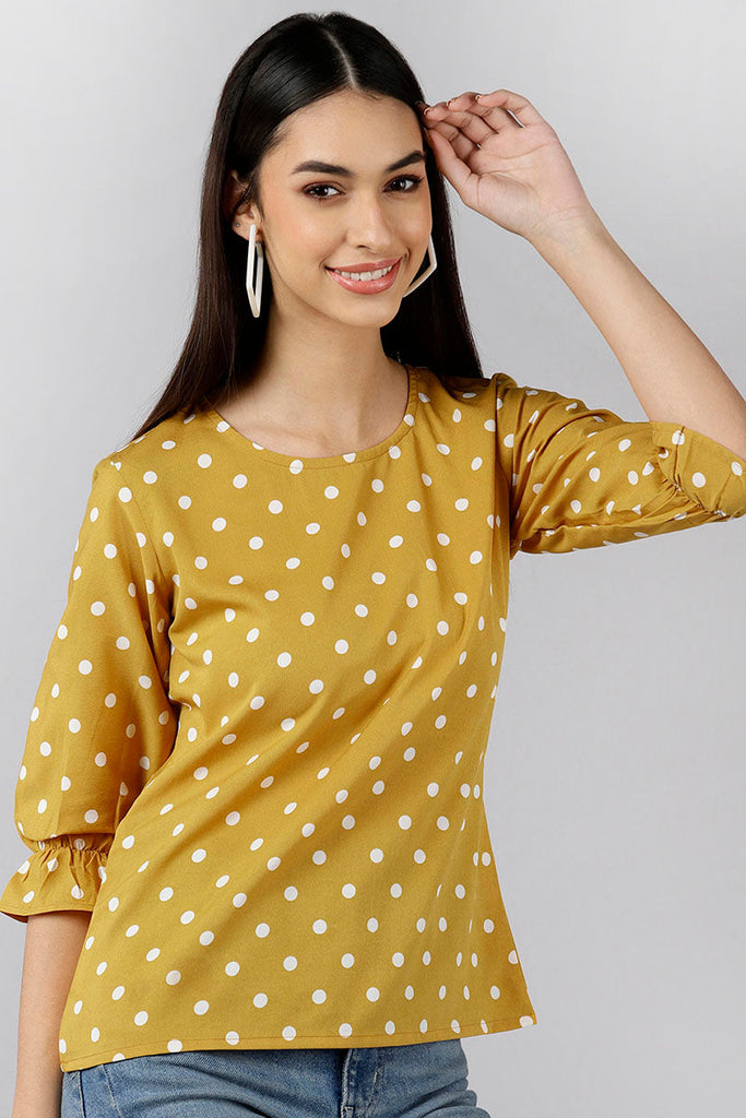  Mustard Yellow Print Crepe Top