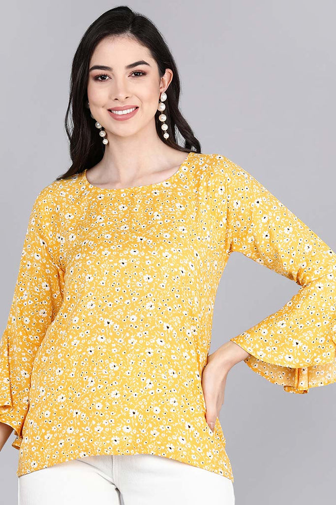  Mustard Yellow Floral Print Crepe Top