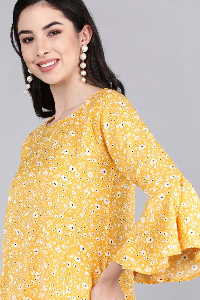  Mustard Yellow Floral Print Crepe Top