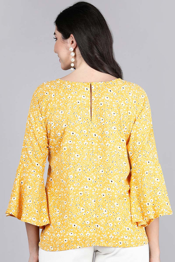  Mustard Yellow Floral Print Crepe Top