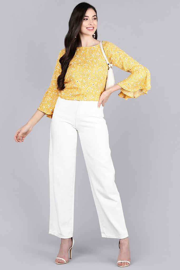  Mustard Yellow Floral Print Crepe Top