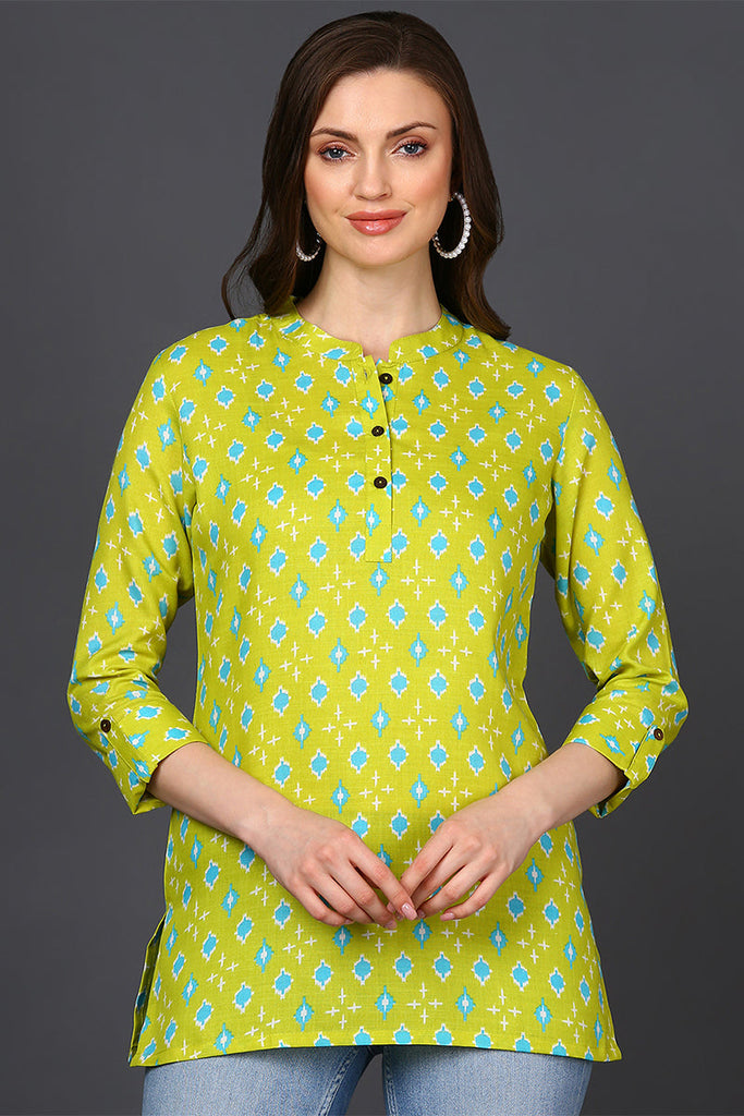 Lime Green Cotton Blend Geometric Print Straight Tunic VT1226