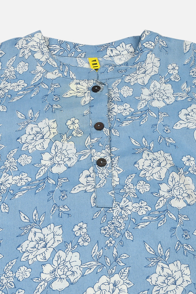 Light Blue Cotton Blend Floral Printed Straight Tunic VT1227