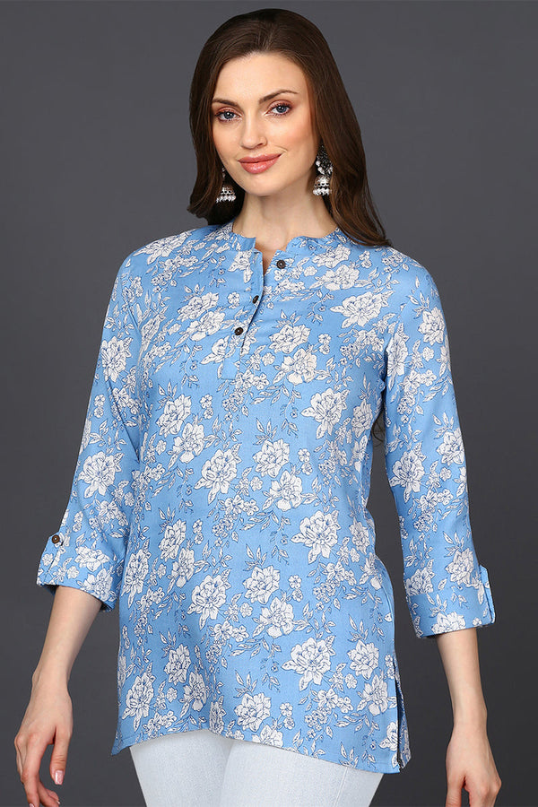 Light Blue Cotton Blend Floral Printed Straight Tunic VT1227