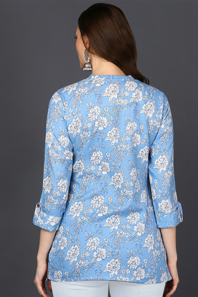 Light Blue Cotton Blend Floral Printed Straight Tunic VT1227