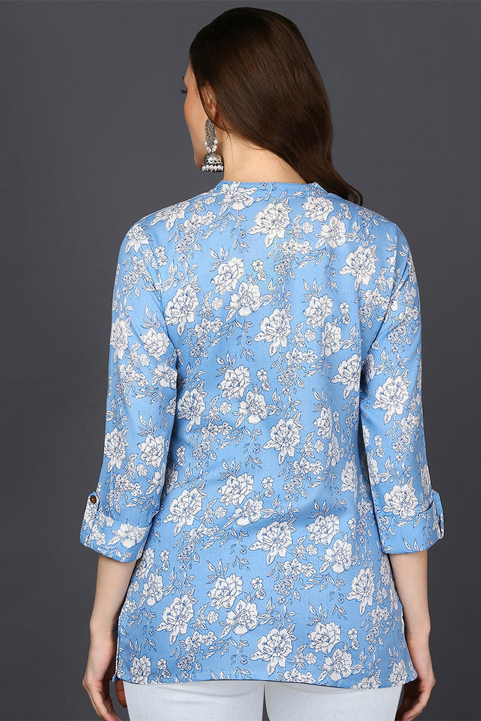 Light Blue Cotton Blend Floral Printed Straight Tunic VT1227