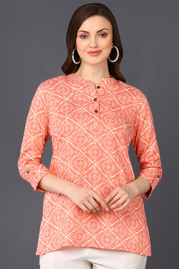 Peach Cotton Blend Bandhani Printed Straight Tunic VT1231