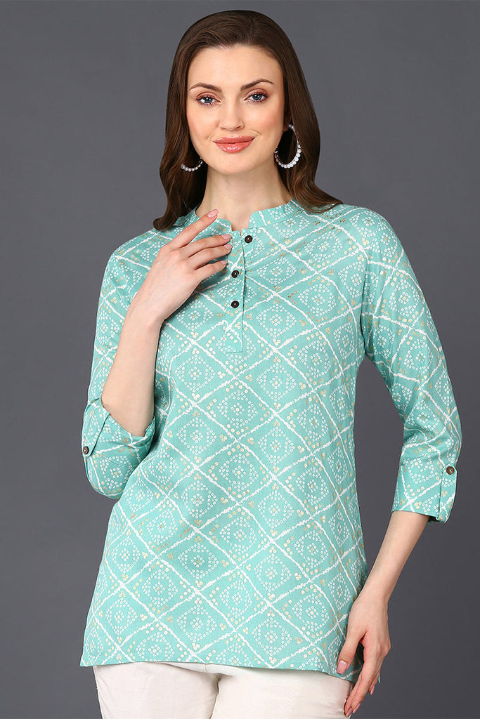 Mint Green Cotton Blend Bandhani Printed Straight Tunic VT1232