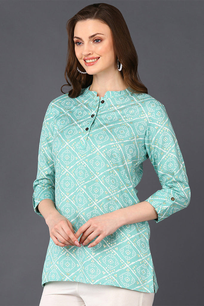 Mint Green Cotton Blend Bandhani Printed Straight Tunic VT1232