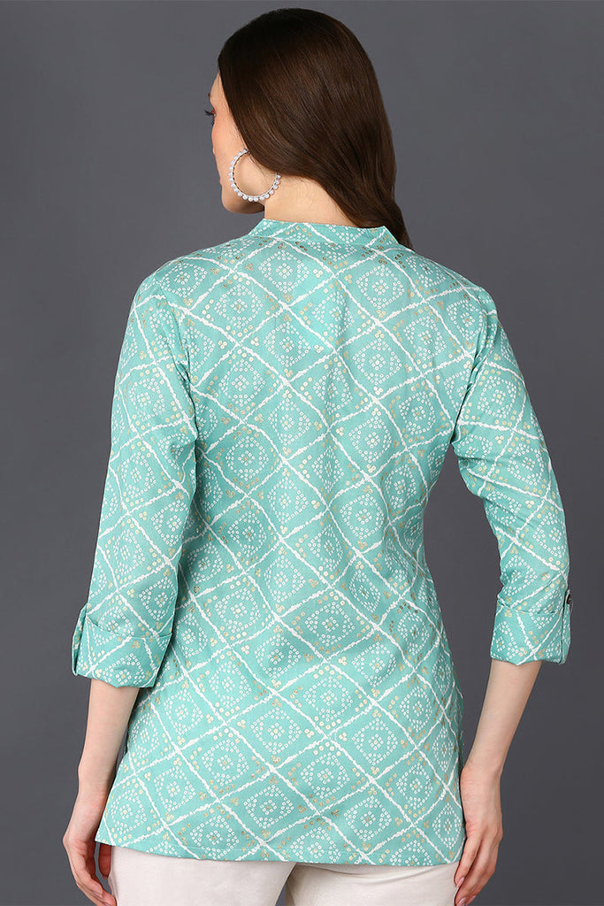 Mint Green Cotton Blend Bandhani Printed Straight Tunic VT1232