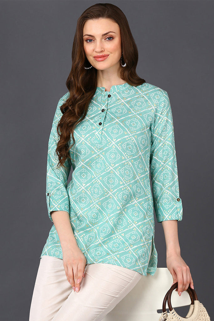 Mint Green Cotton Blend Bandhani Printed Straight Tunic VT1232