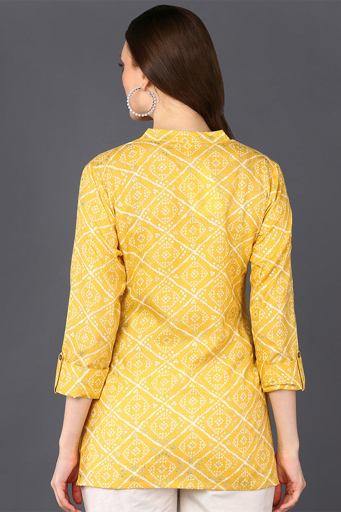 Yellow Cotton Blend Bandhani Printed Straight Tunic VT1233