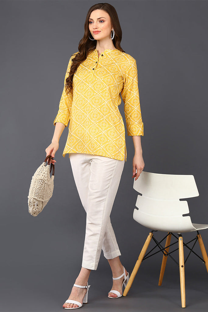 Yellow Cotton Blend Bandhani Printed Straight Tunic VT1233