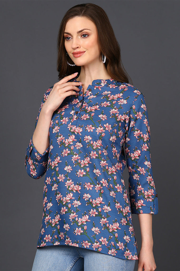 Blue Cotton Blend Floral Printed Straight Tunic VT1235