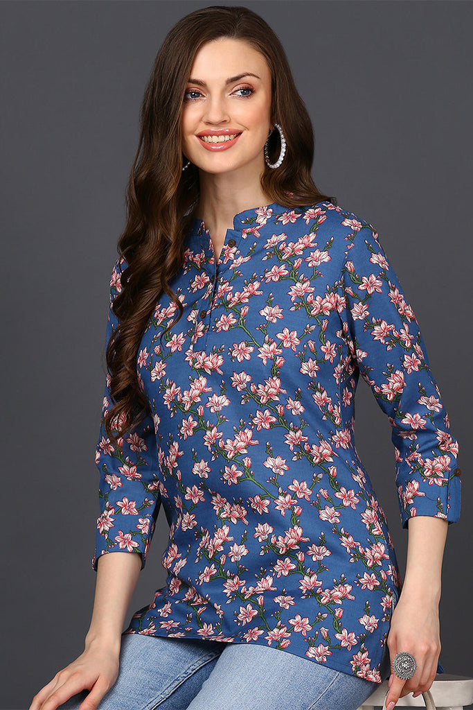 Blue Cotton Blend Floral Printed Straight Tunic VT1235