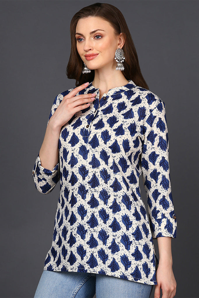 Off White Cotton Blend Ethnic Motifs Printed Straight Tunic VT1239