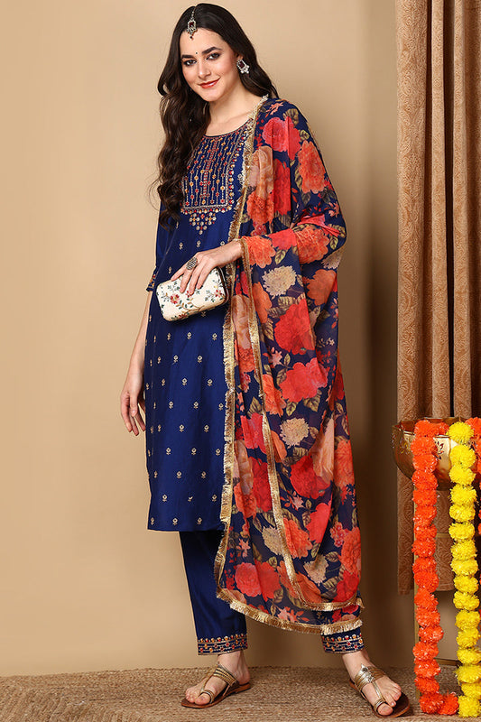 Navy Blue Silk Blend Solid Embroidered Straight Suit Set PKSKD2162