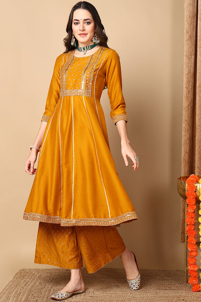 Mustard Yellow Silk Blend Solid Embroidered Anarkali Suit Set PKSKD2022