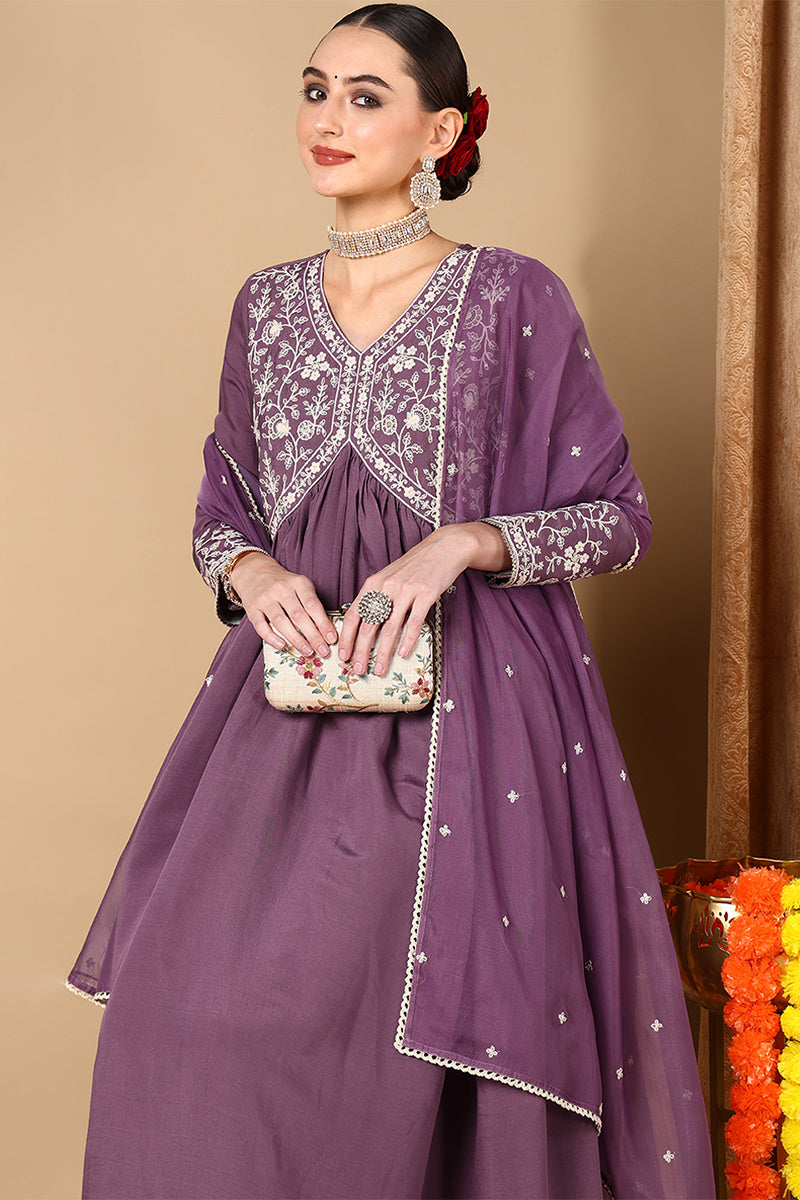 Purple Silk Blend Embroidered Anarkali Suit Set PKSKD1998