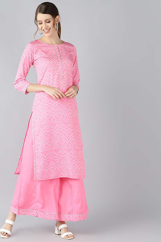  Women Crepe Pink Bandhani Printed Straight Kurta Palazzo Set 