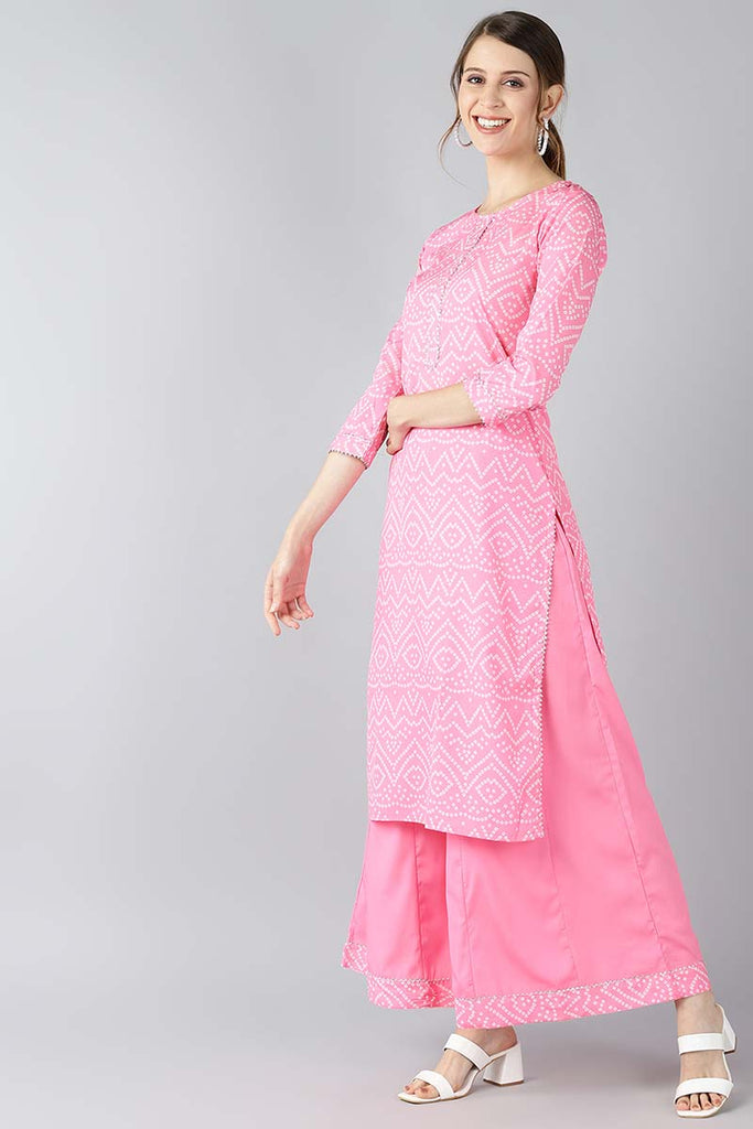  Women Crepe Pink Bandhani Printed Straight Kurta Palazzo Set 