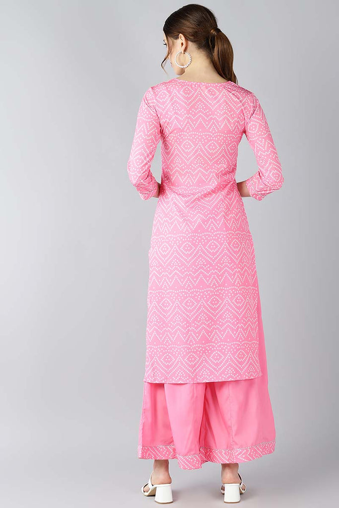  Women Crepe Pink Bandhani Printed Straight Kurta Palazzo Set 