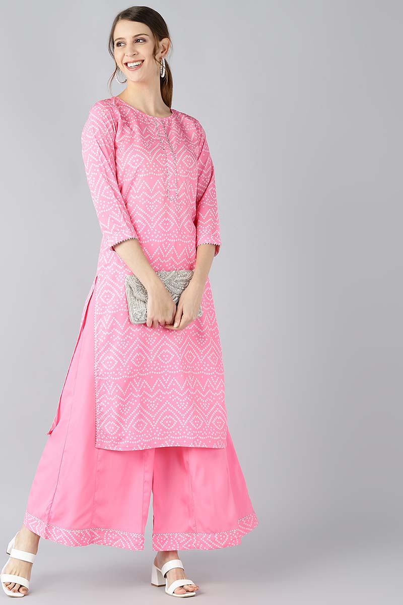  Women Crepe Pink Bandhani Printed Straight Kurta Palazzo Set 