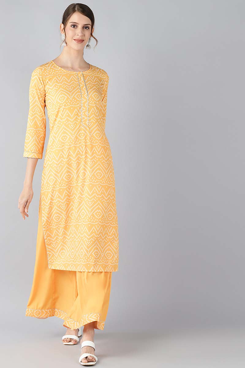 Crepe Yellow Bandhani Printed Straight Kurta Palazzo Set 