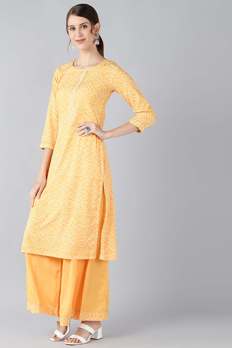 Crepe Yellow Bandhani Printed Straight Kurta Palazzo Set 