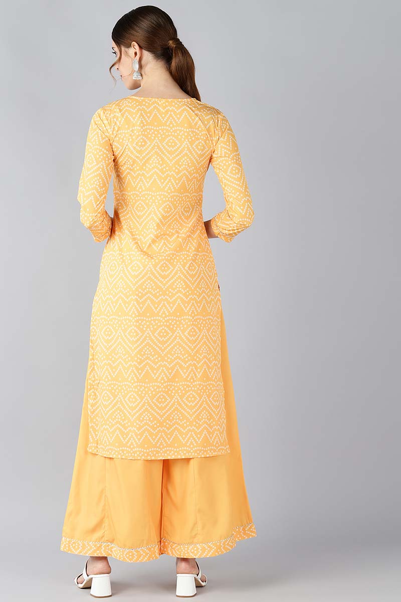 Crepe Yellow Bandhani Printed Straight Kurta Palazzo Set 